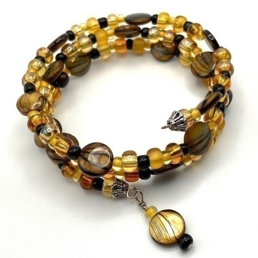 Memory‎ Wire Bracelet Gold Brown Black Beaded Wrap Around Boho Coil Bracelet